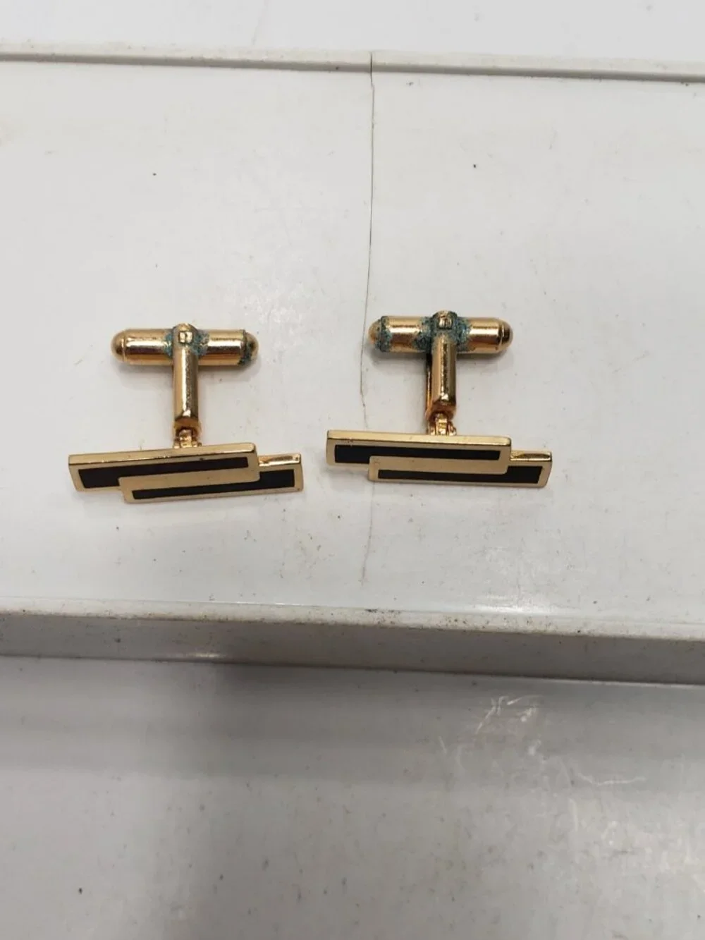 Vintage Gold Tone Black Brown Enamel Geometric Cufflinks Mens Formal